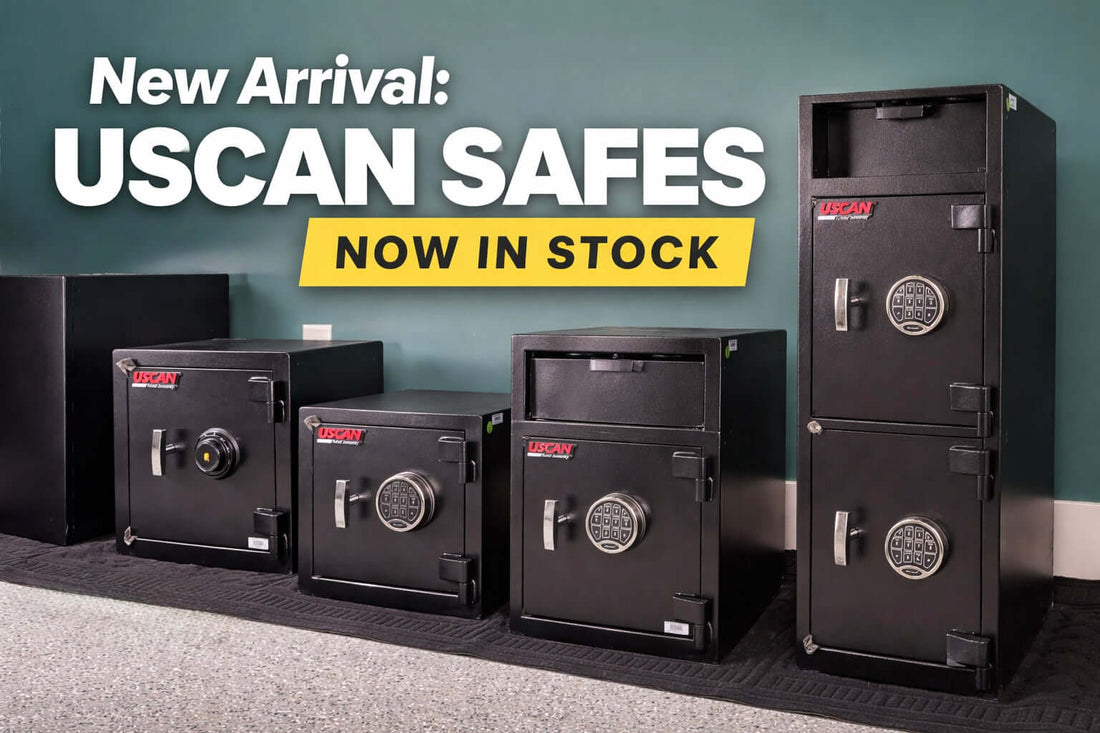 New shipment of USCAN safes featuring depository safes, B-rate burglary safes, and fire-rated commercial safes displayed at Safe & Hardware Store.