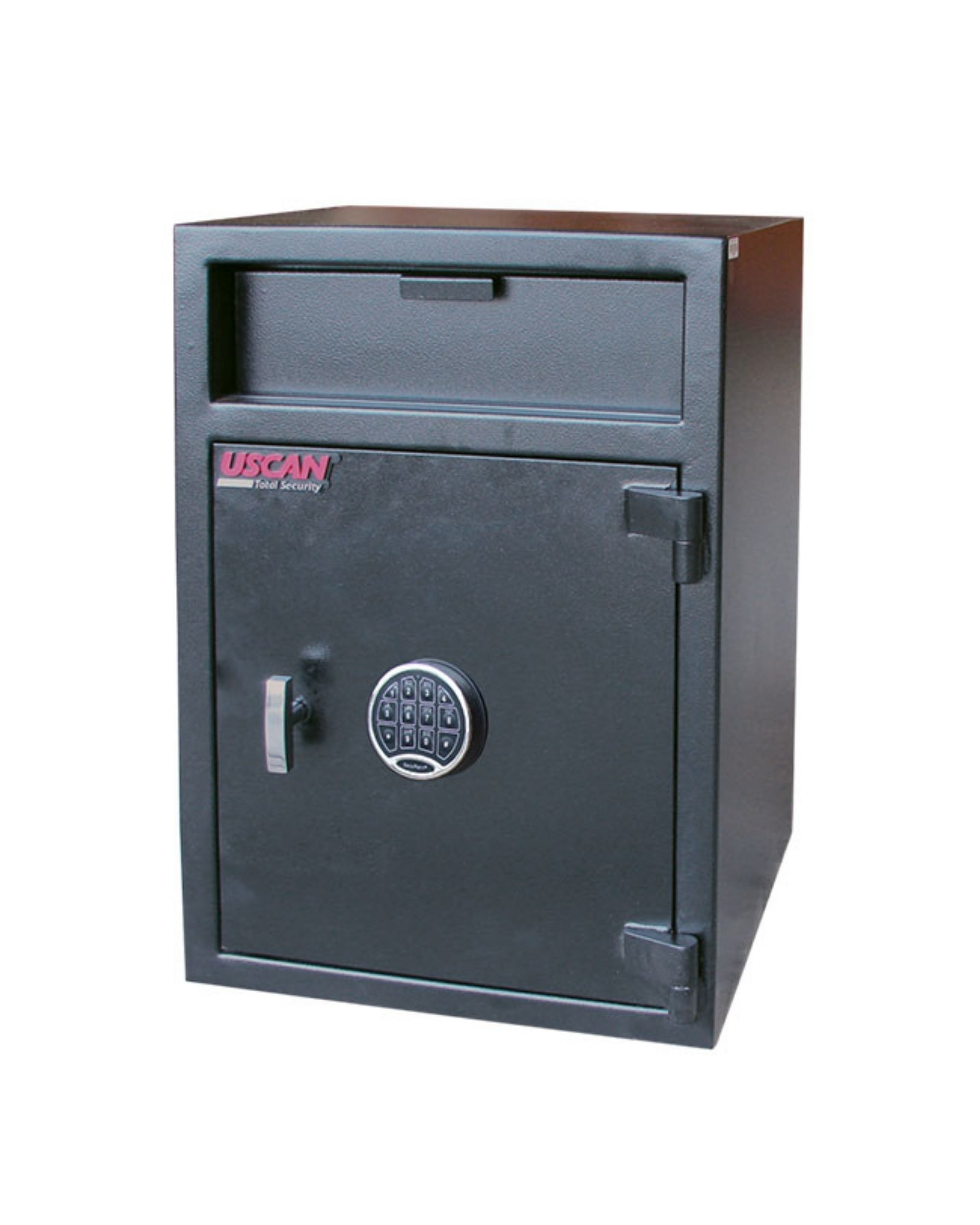 UsCan FL 3020 E commercial depository safe with electronic keypad lock and front-loading deposit slot, black steel finish