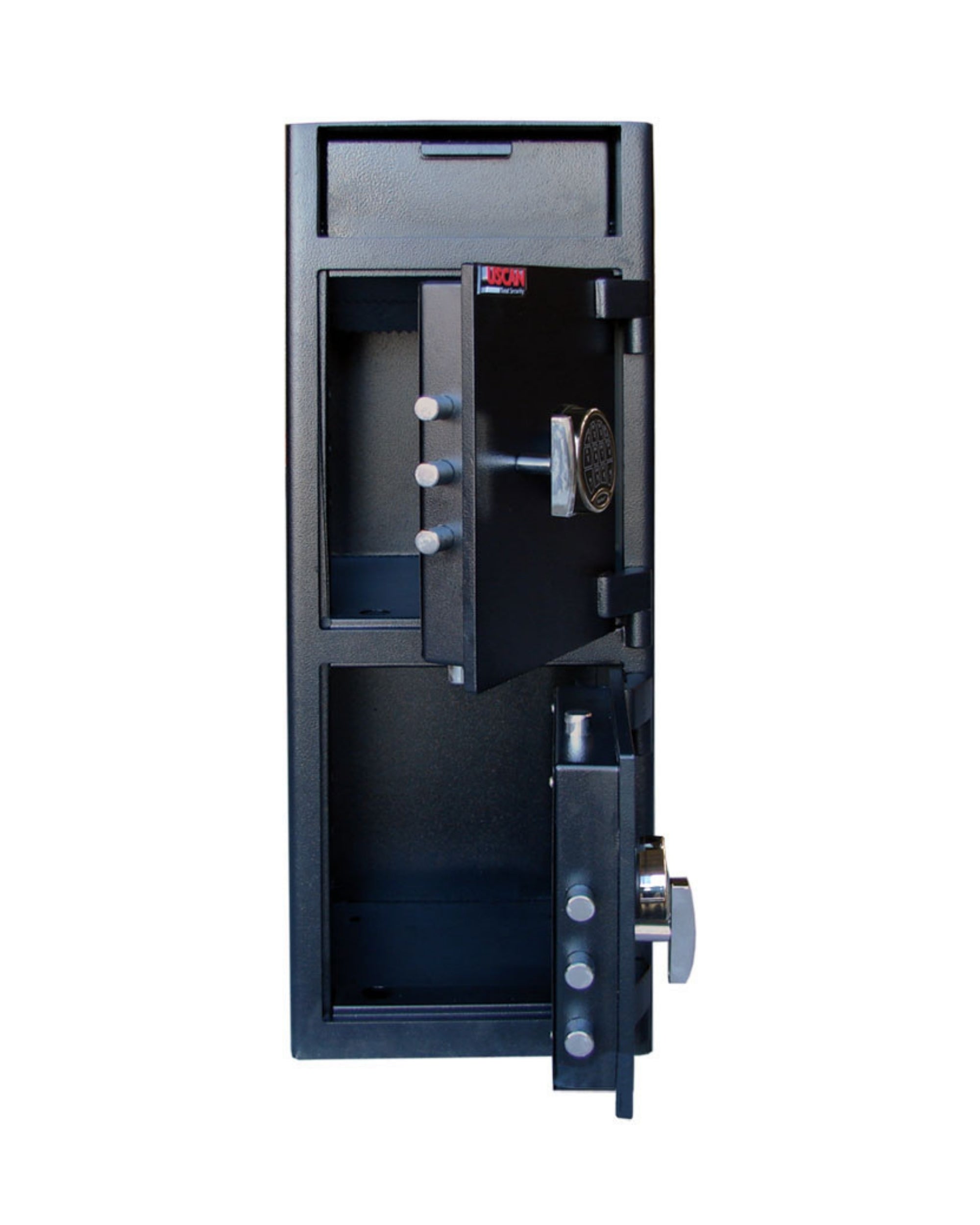 Front view of UsCan FL 3914-EE dual-door cash deposit safe showing two keypad locks and heavy-duty commercial construction.