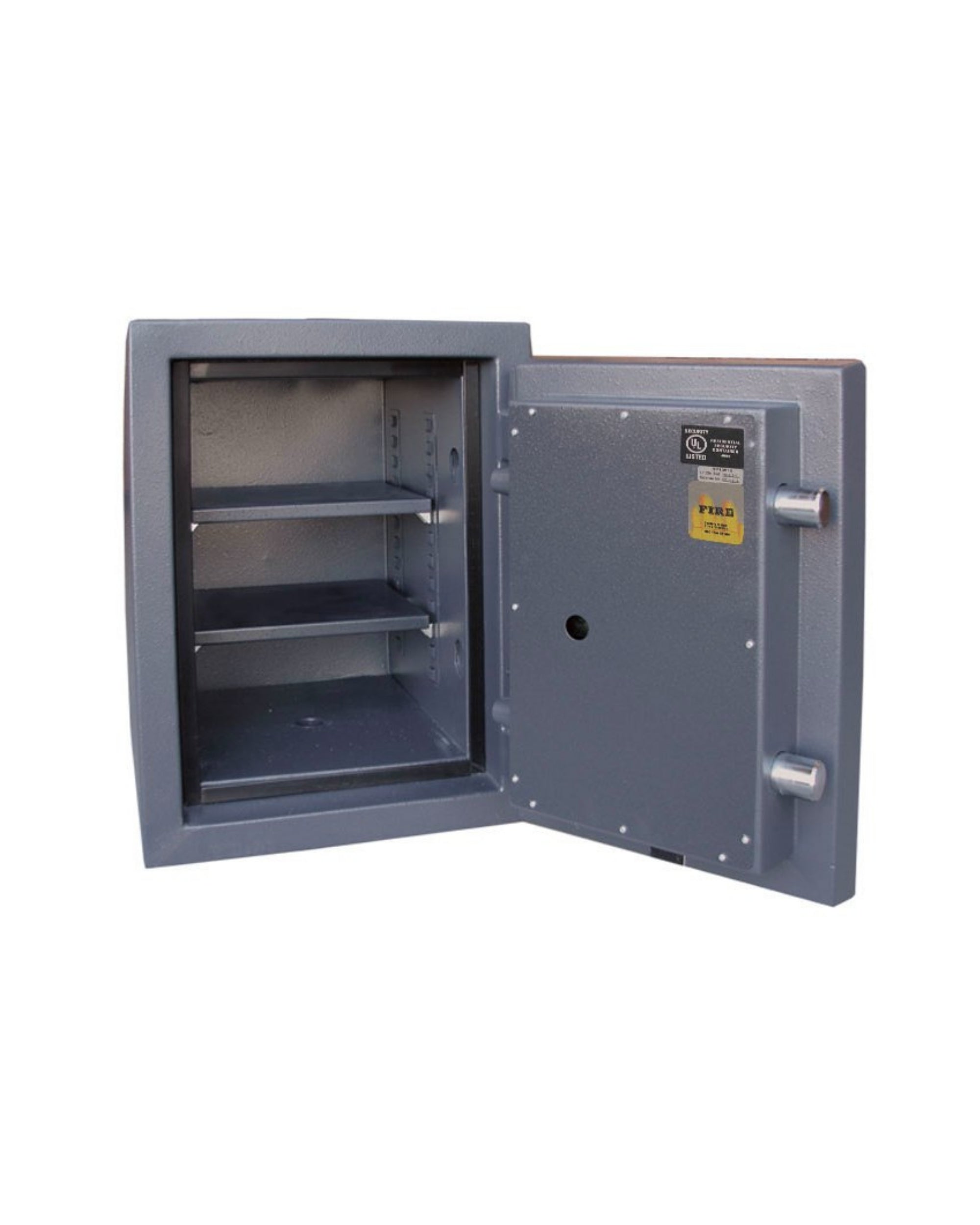 Interior view of Uscan FB 1913 E fire safe showing adjustable shelves, locking bolts, and fire-resistant steel construction
