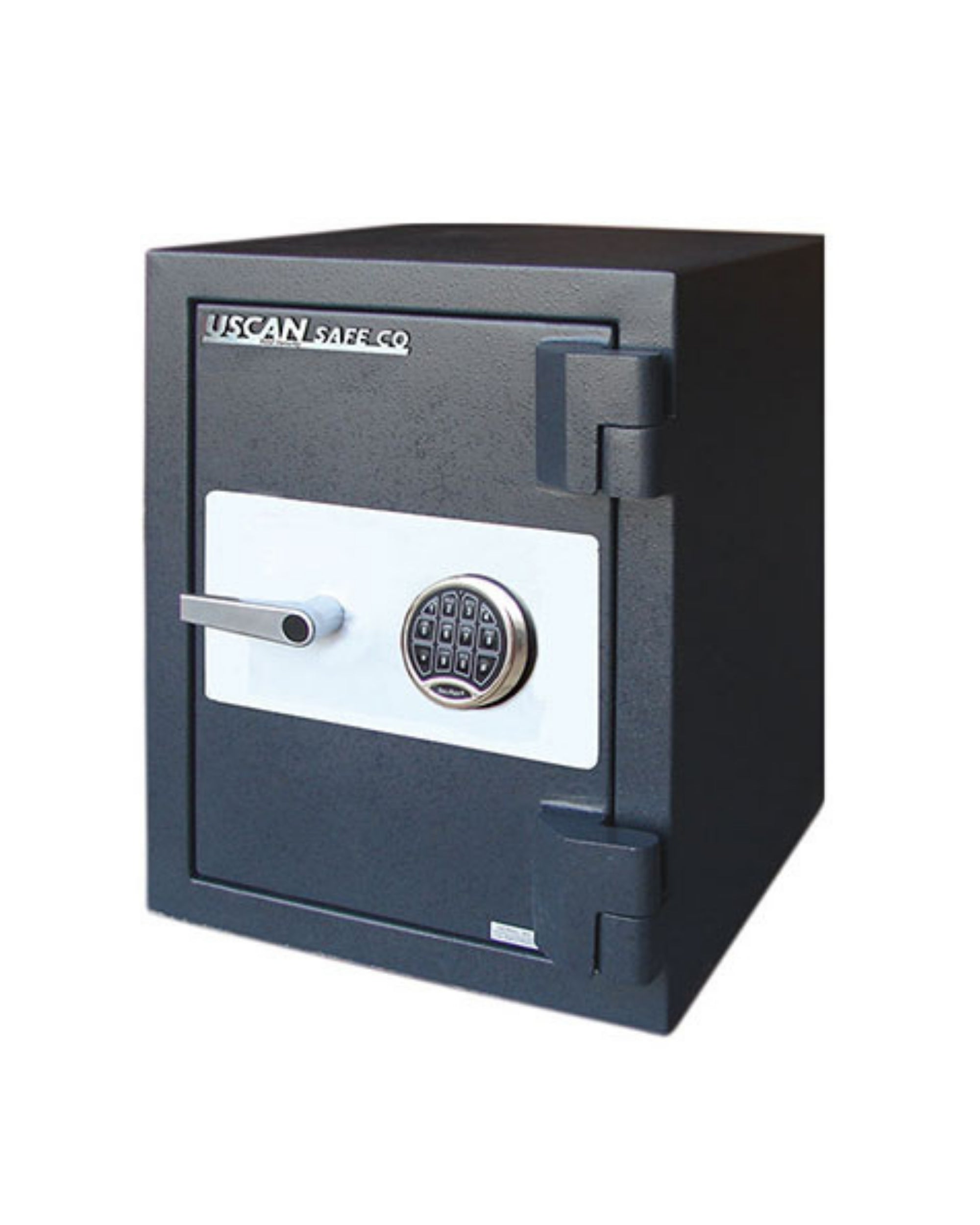 Uscan FB 1913 E fire safe with electronic keypad lock and powder coated gray finish, front exterior view