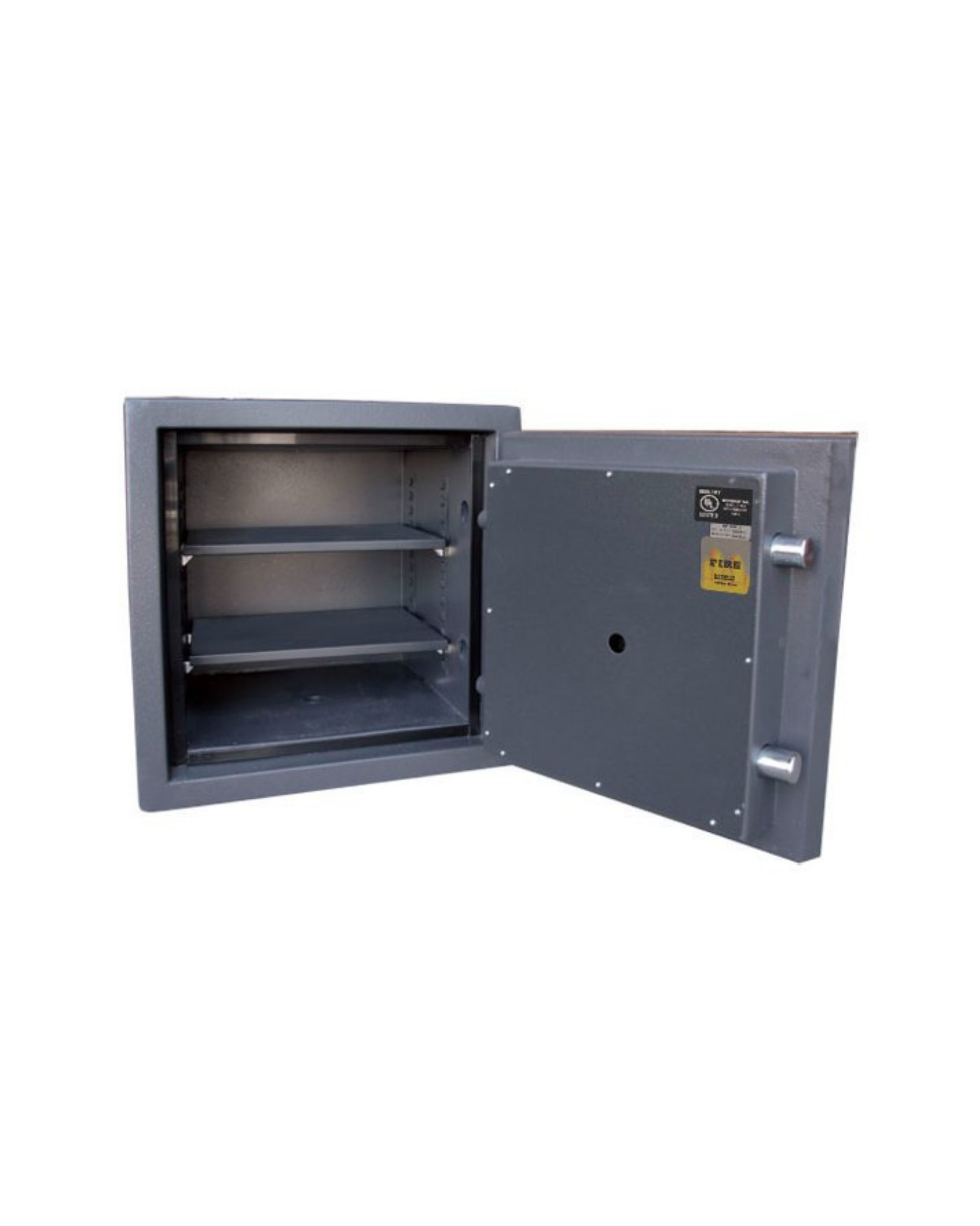Interior view of Uscan FB 1918 E fire safe with adjustable shelves and locking bolts
