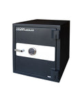 Uscan FB 2520 E fire safe with electronic keypad lock and open door showing interior shelves