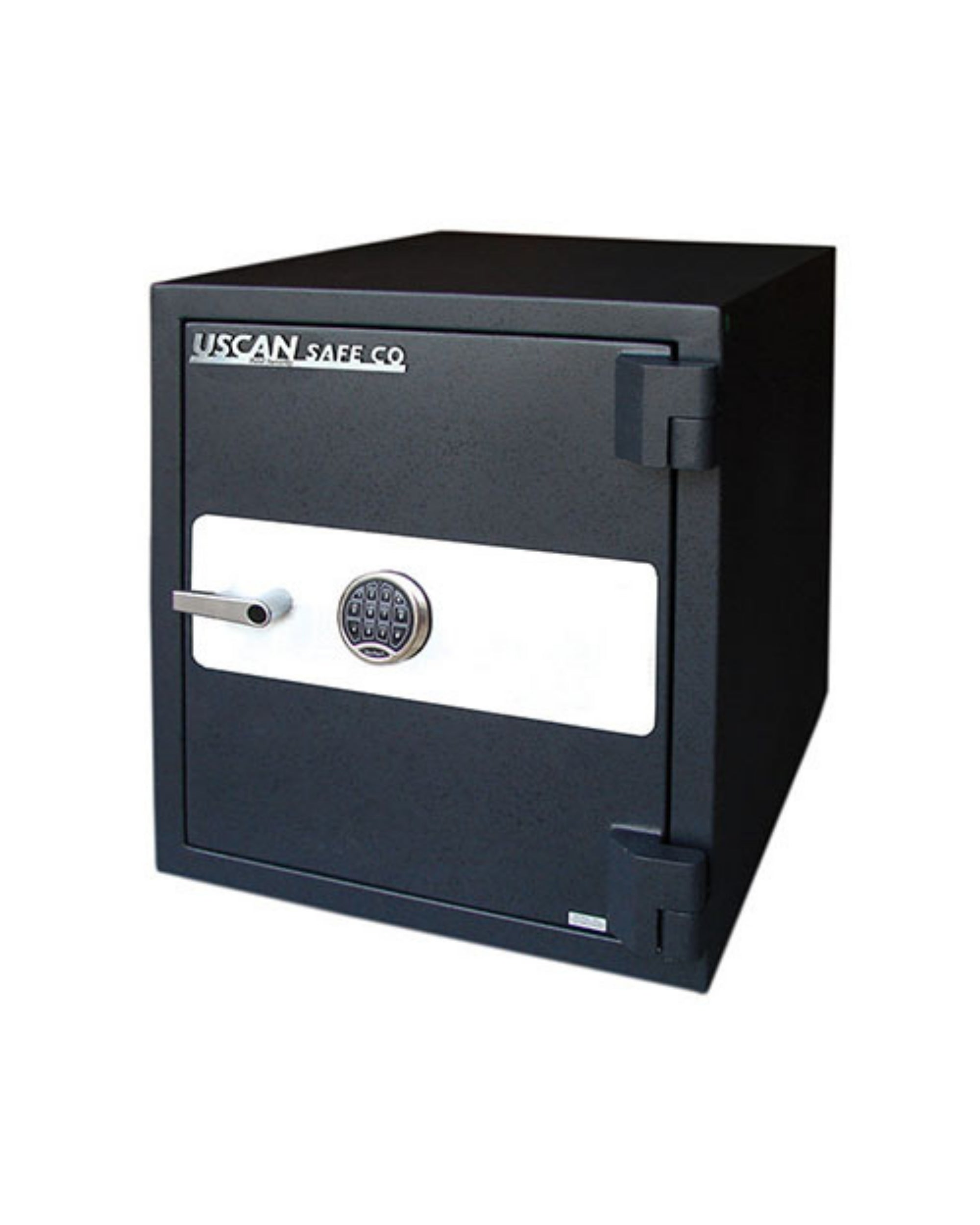 Uscan FB 2520 E fire safe with electronic keypad lock and open door showing interior shelves