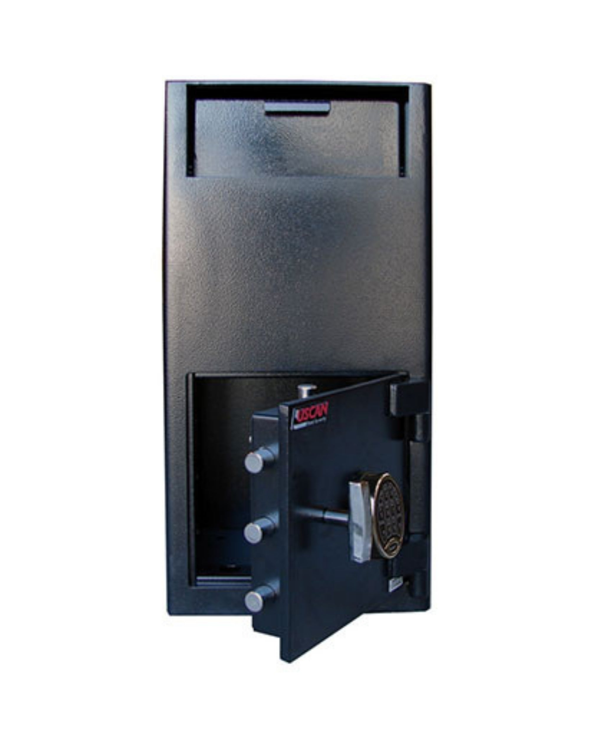 UScan FL 2813-E commercial depository safe, front drop slot and electronic keypad lock, designed for retail and business cash deposits.