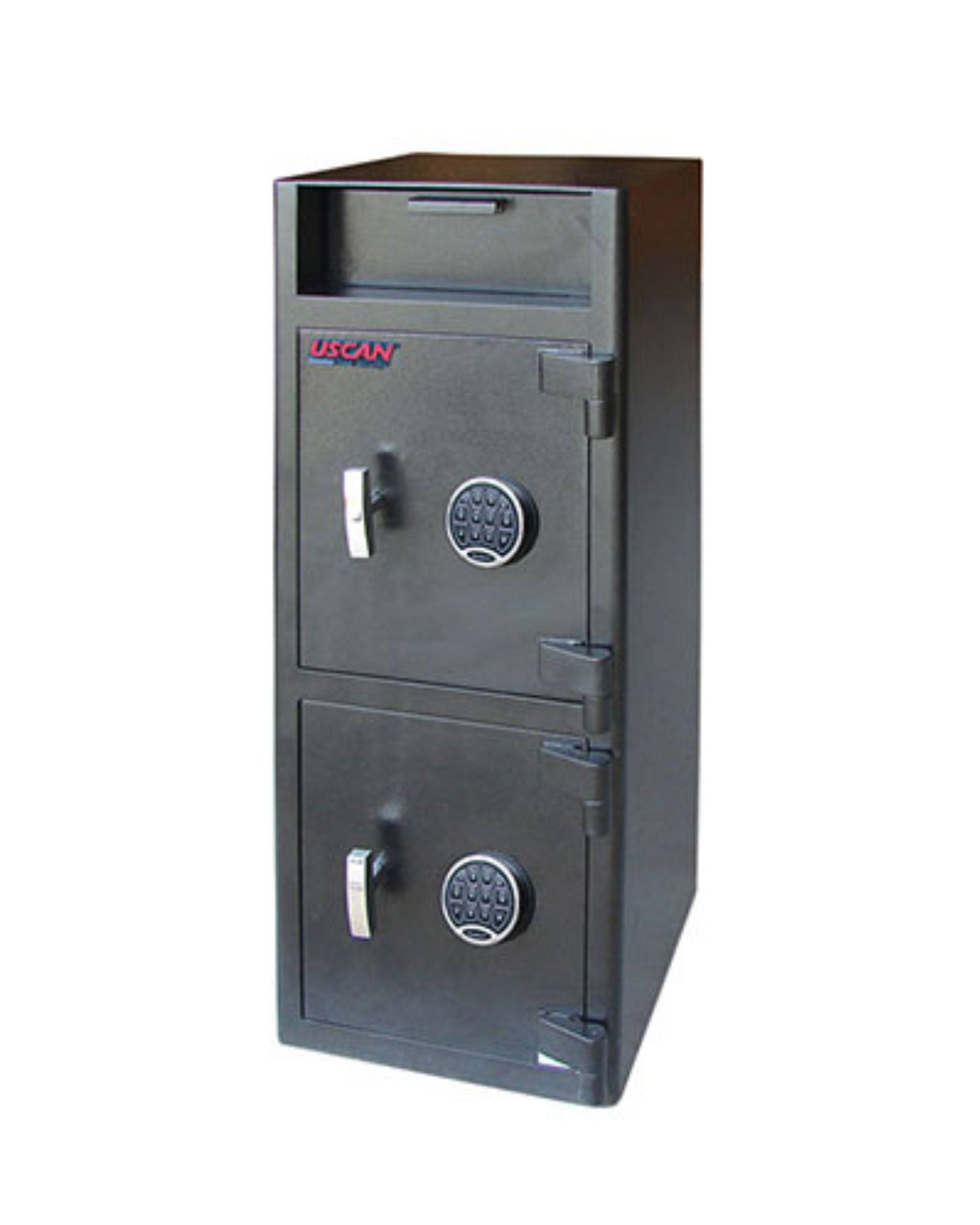 UsCan FL 3914-EE commercial depository safe with two compartments and dual electronic keypad locks, black steel finish.