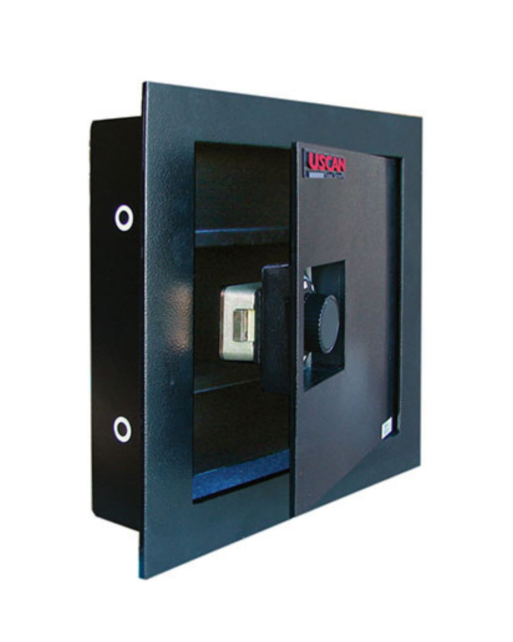 In-wall USCAN W 1414 C wall safe with mechanical combination lock and open door
