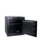 Black Escan B1414-ES-2 depository safe shown with door open, interior storage space and reinforced steel door