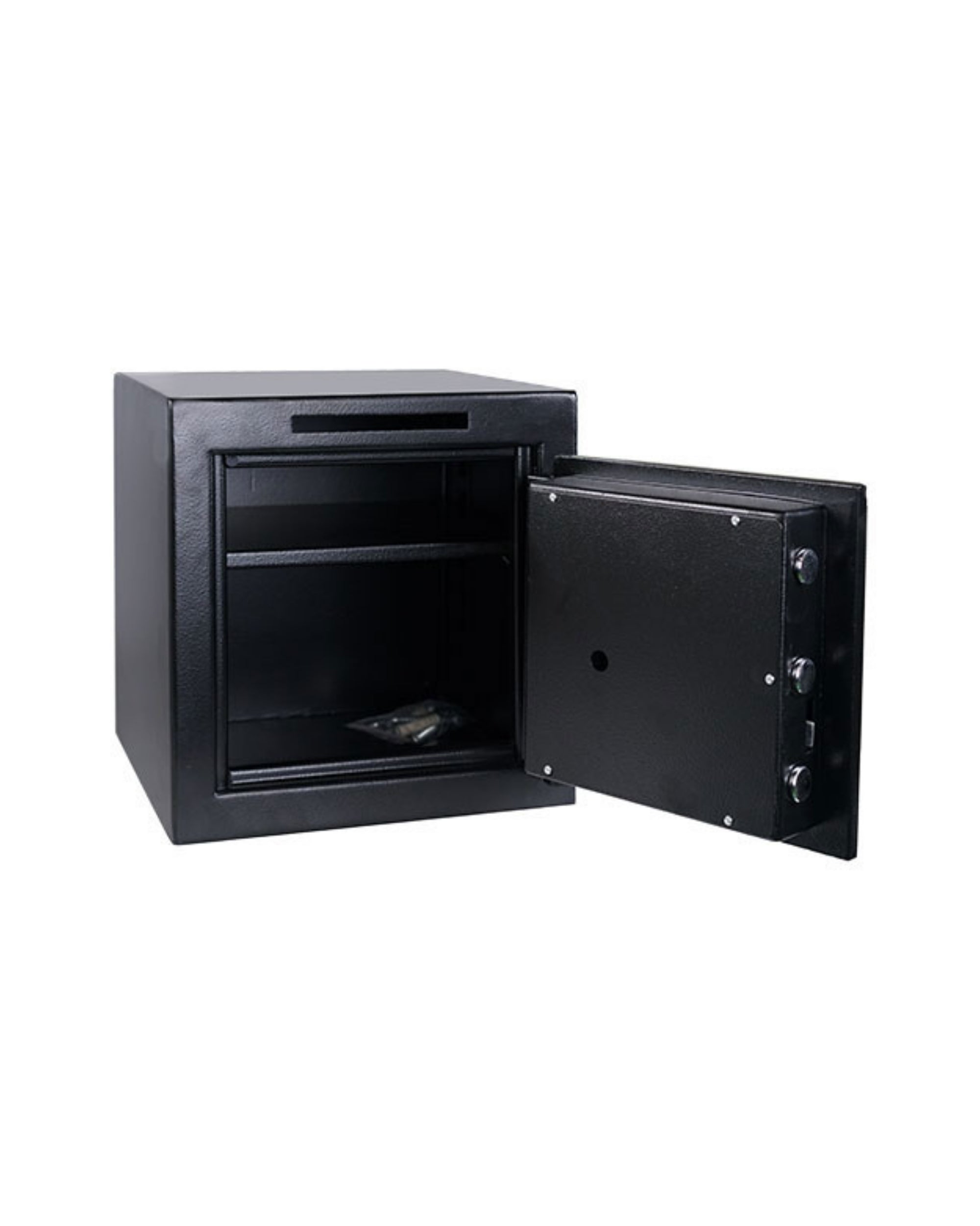 Black Escan B1414-ES-2 depository safe shown with door open, interior storage space and reinforced steel door