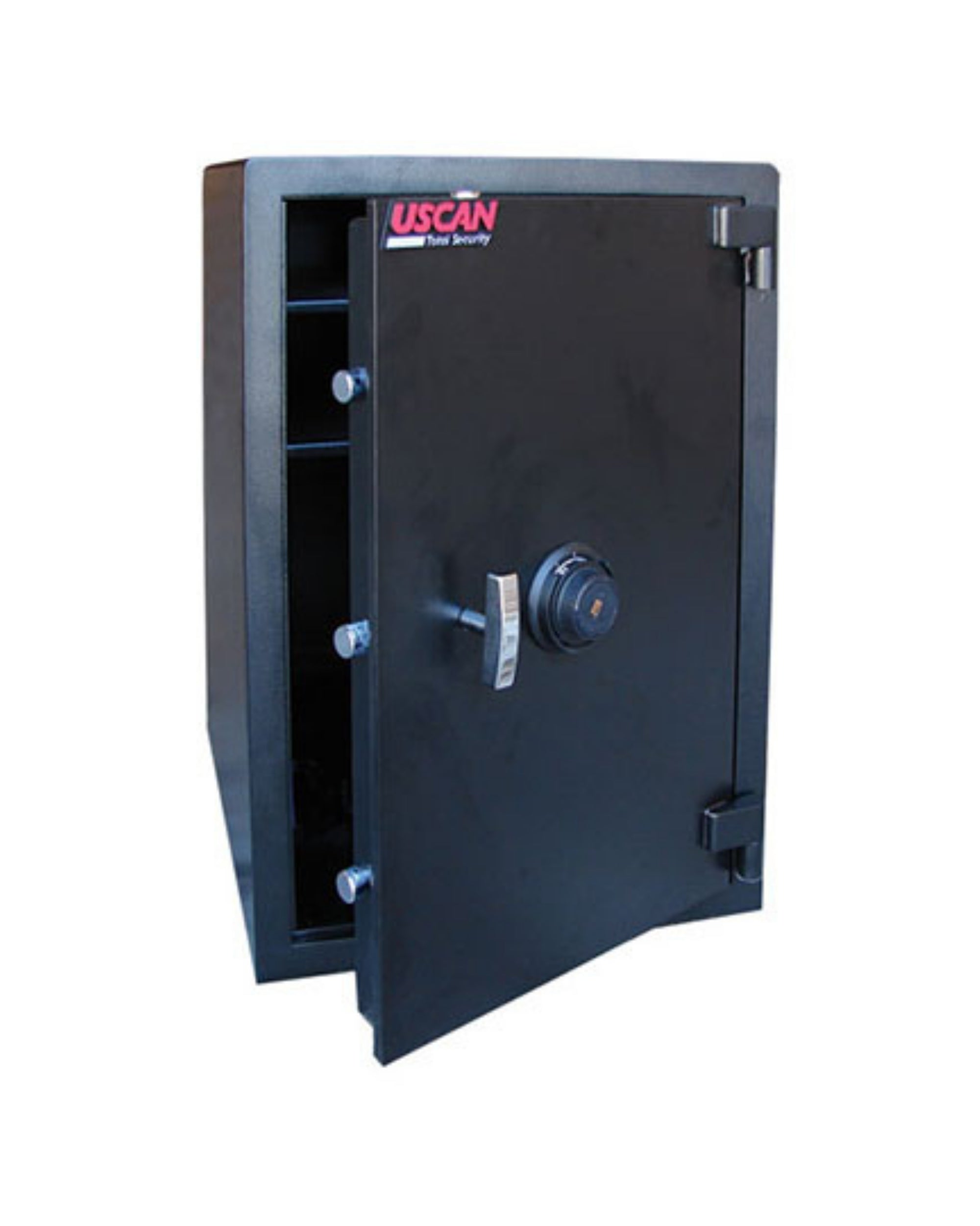 Black Escan B3020-C-2 commercial safe made of steel, shown in front view with solid reinforced door