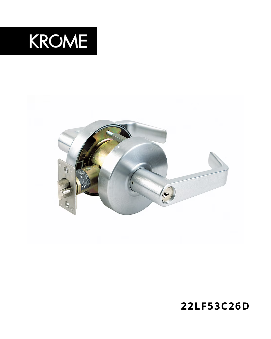 KROME 22LF53C26D Grade 2 medium duty cylindrical lever lockset with privacy function, satin chrome finish (26D), designed for light to medium commercial and residential interior doors such as bathrooms and offices.