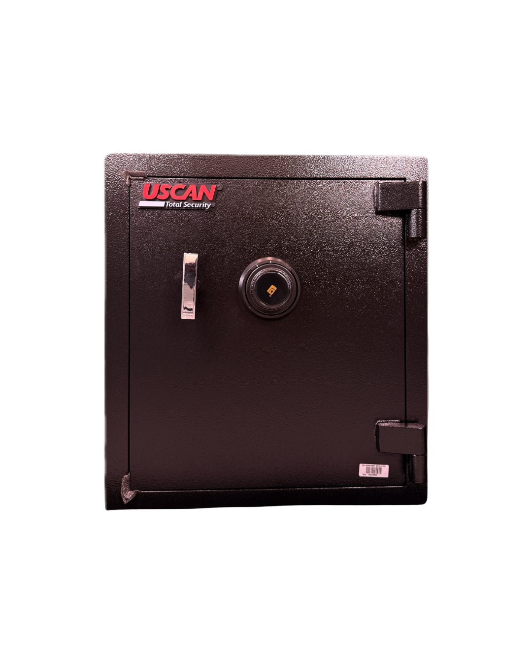 Angled view of USCAN B2018-C steel burglary safe showing reinforced door and heavy-duty hinges