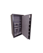 USCAN E5928-C-TXT-E fire-rated gun safe with open door showing carpeted interior and adjustable shelves