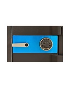 Close-up of SecuRAM electronic lock and handle on USCAN FB1413-E safe