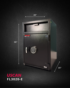 USCAN FL3020-E commercial depository safe specifications with dimensions, weight, and locking system details