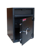 Close-up of SecuRAM UL Listed electronic keypad lock on USCAN FL3020-E commercial safe.