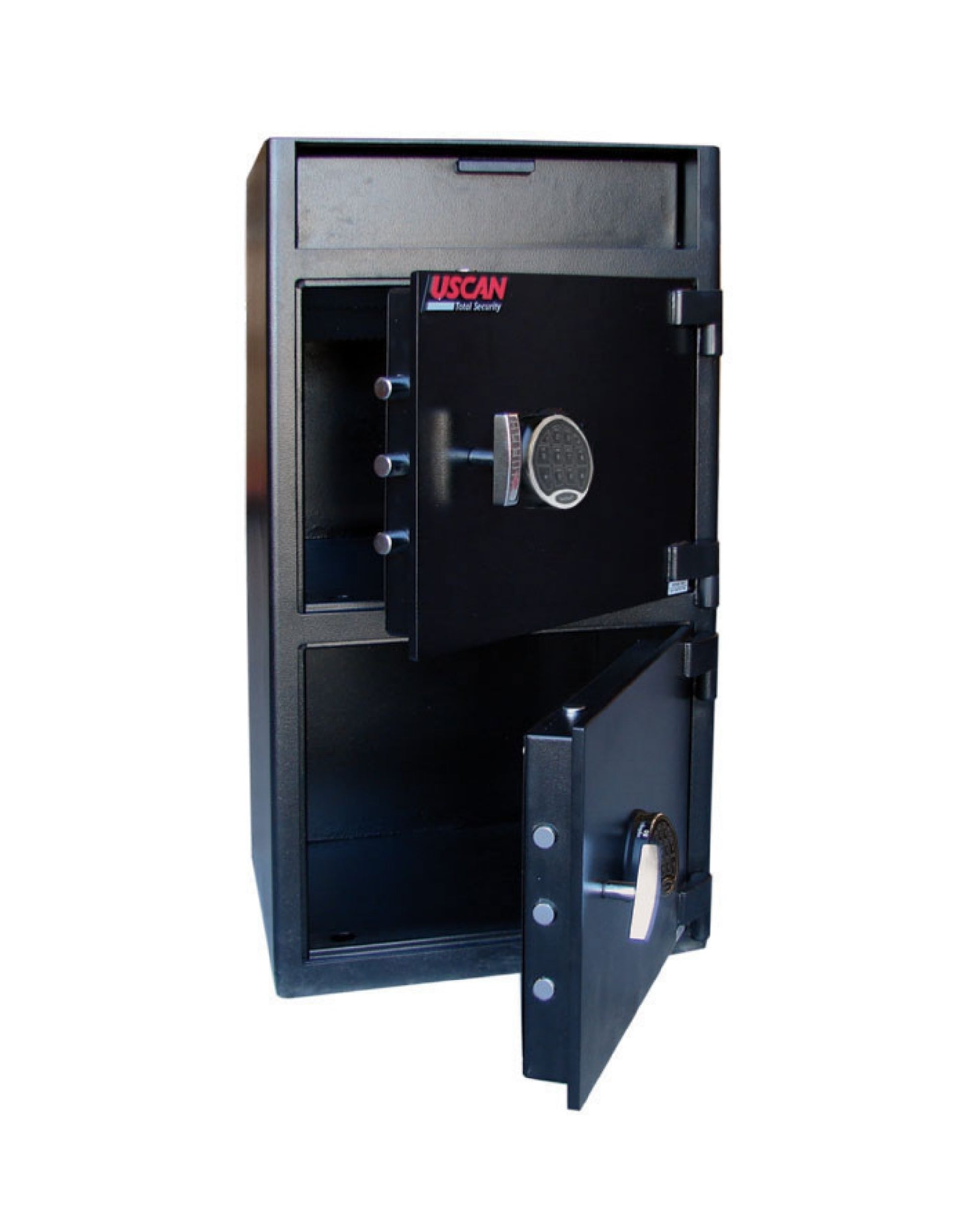 Black powder-coated UsCan FL 3920-EE dual door cash depository safe for retail and business use