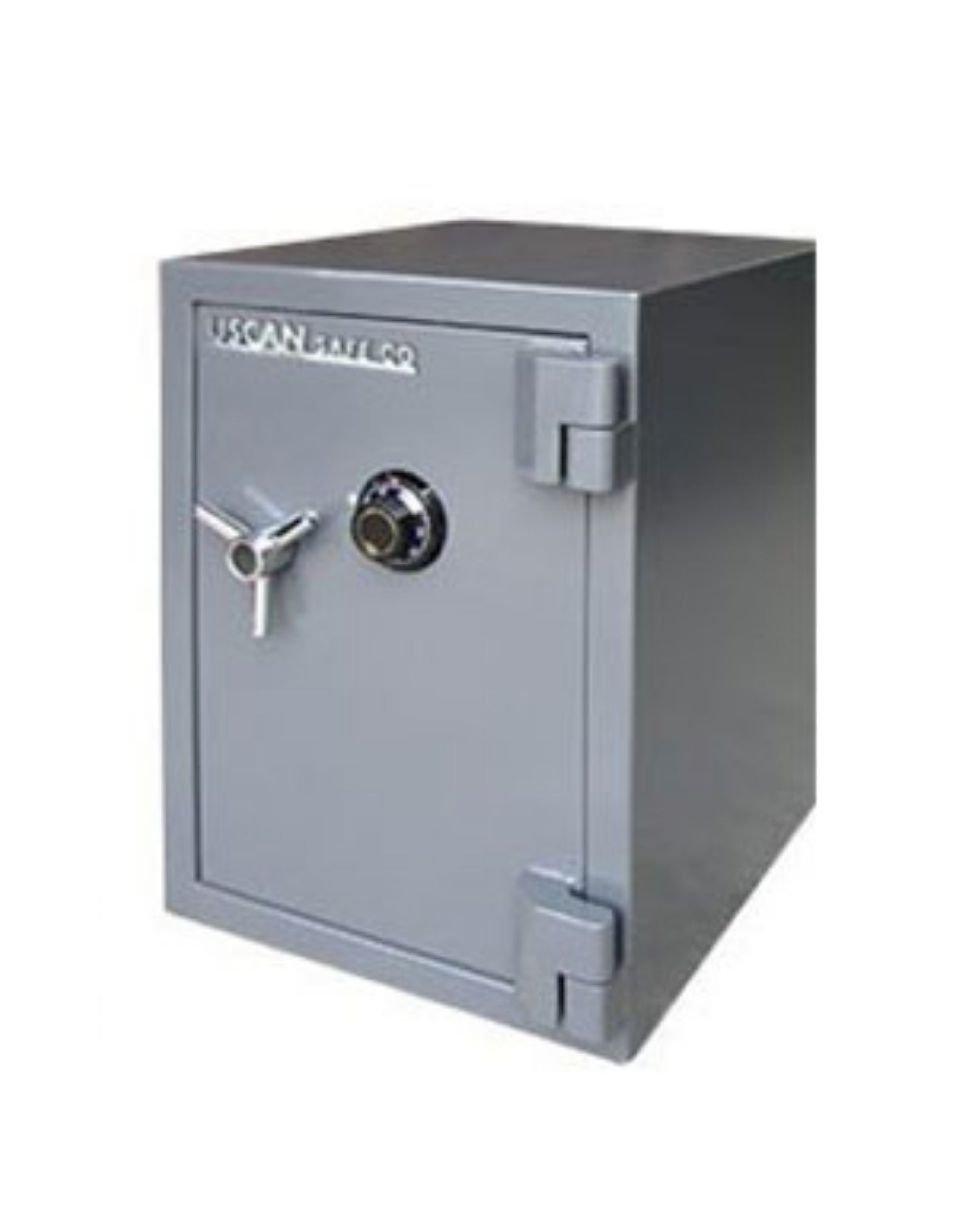 Grey fire and burglary safe Uscan SB 02 C with mechanical combination dial and chrome 3-spoke handle, door open.
