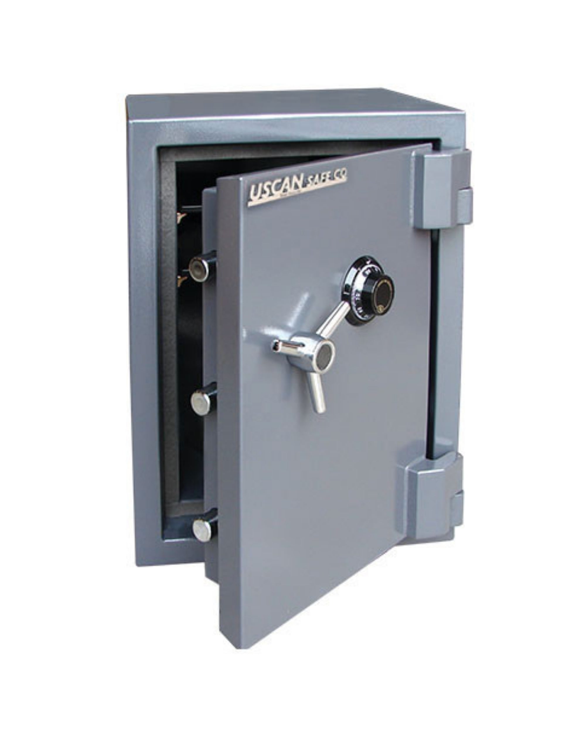 Uscan SB 02 C UL-rated fireproof security safe in grey finish, heavy-duty steel body with combination lock and vault handle.