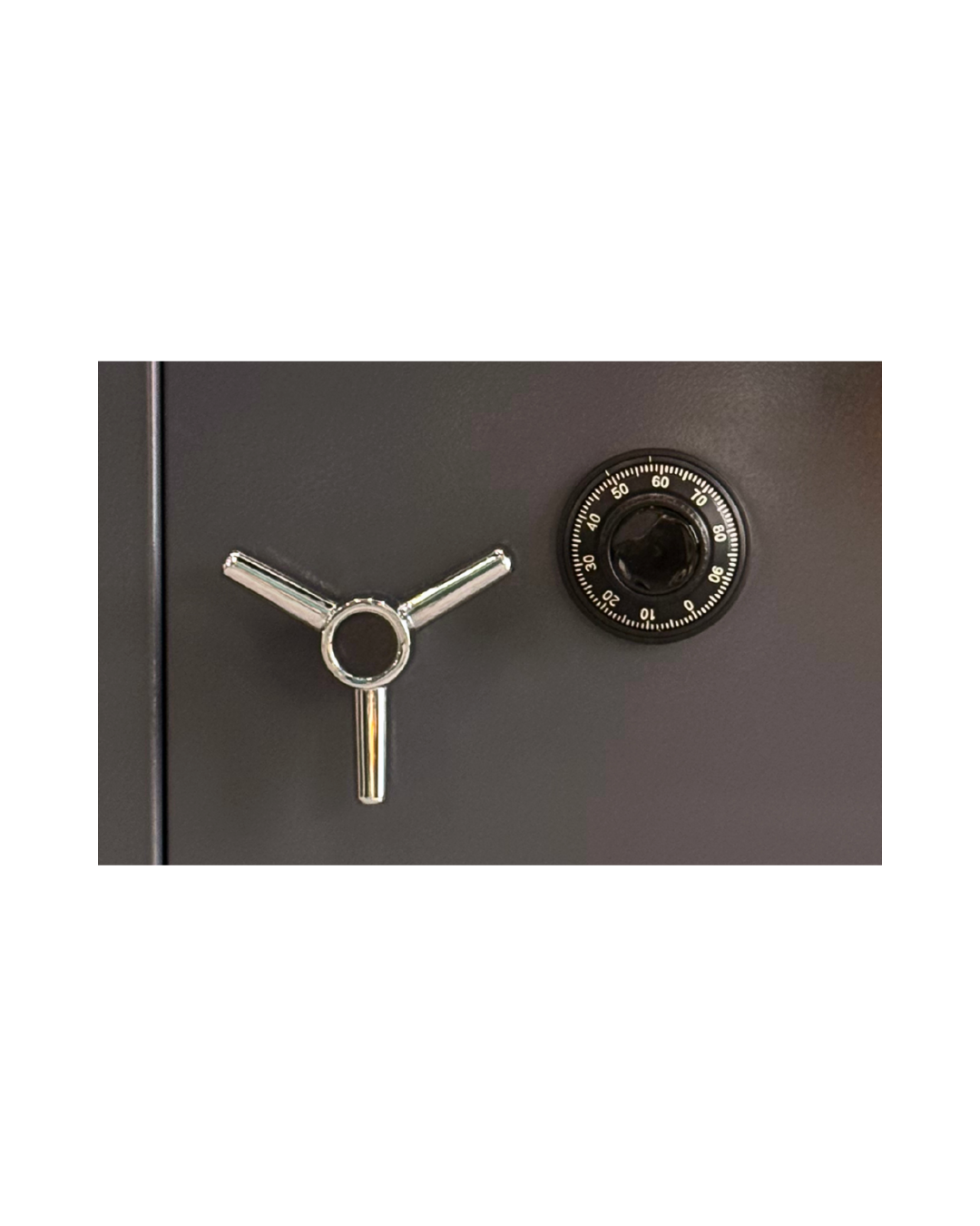 Close-up of Lagard mechanical combination lock and vault handle on USCAN SB-02C safe