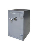 UsCan SB 03 C grey fire and burglary safe with mechanical combination dial and chrome 3-spoke handle, door open.
