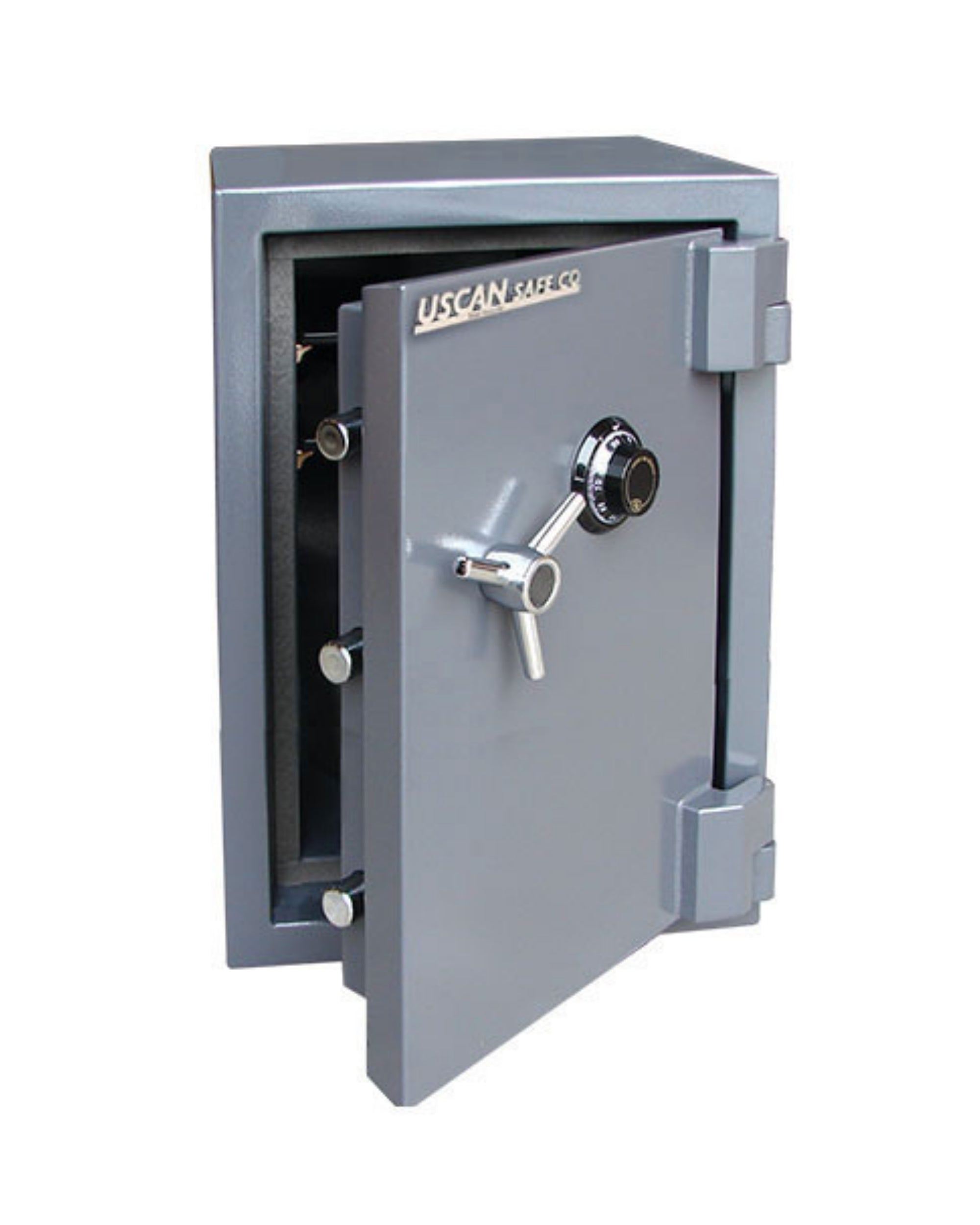 Heavy-duty UsCan SB 03 C security safe in grey finish showing thick door, locking bolts, and combination lock.