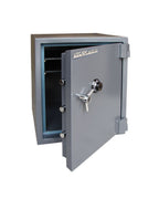 Interior view of UsCan SB 04 C fire and burglary safe showing thick steel door, locking bolts, adjustable shelves, and chrome vault handle