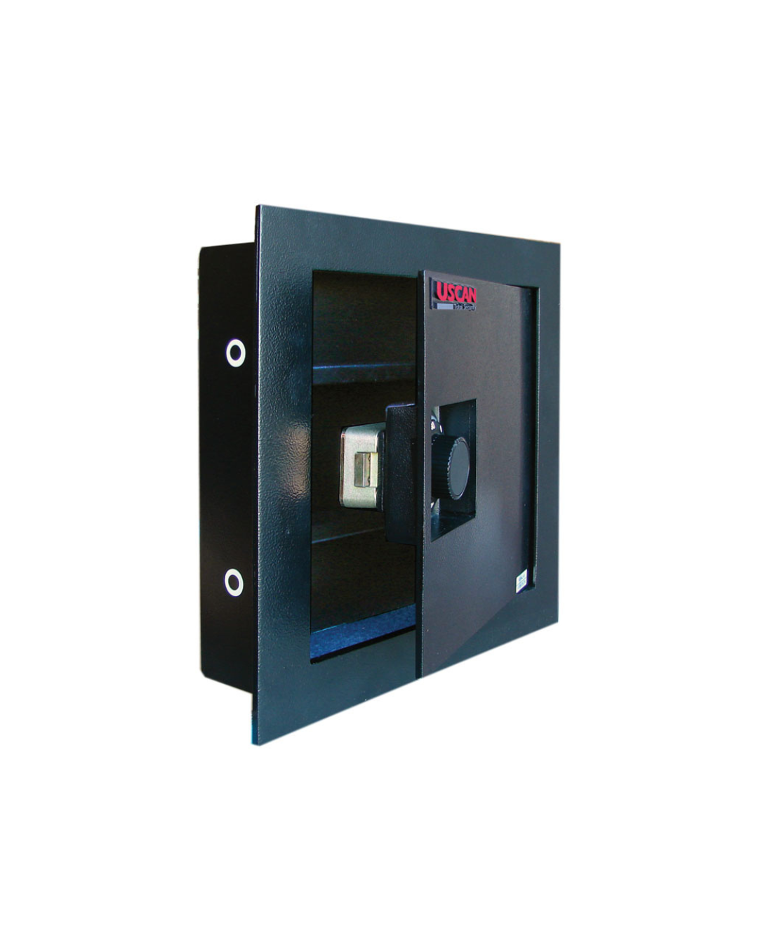 Uscan W1414-C in-wall safe with open door and removable shelves, interior view