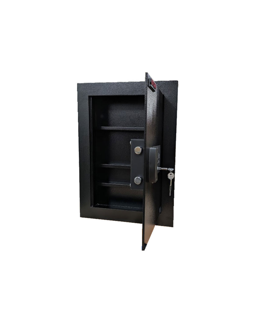 Uscan W2014-E in-wall safe with open door, removable shelves and electronic lock, interior view